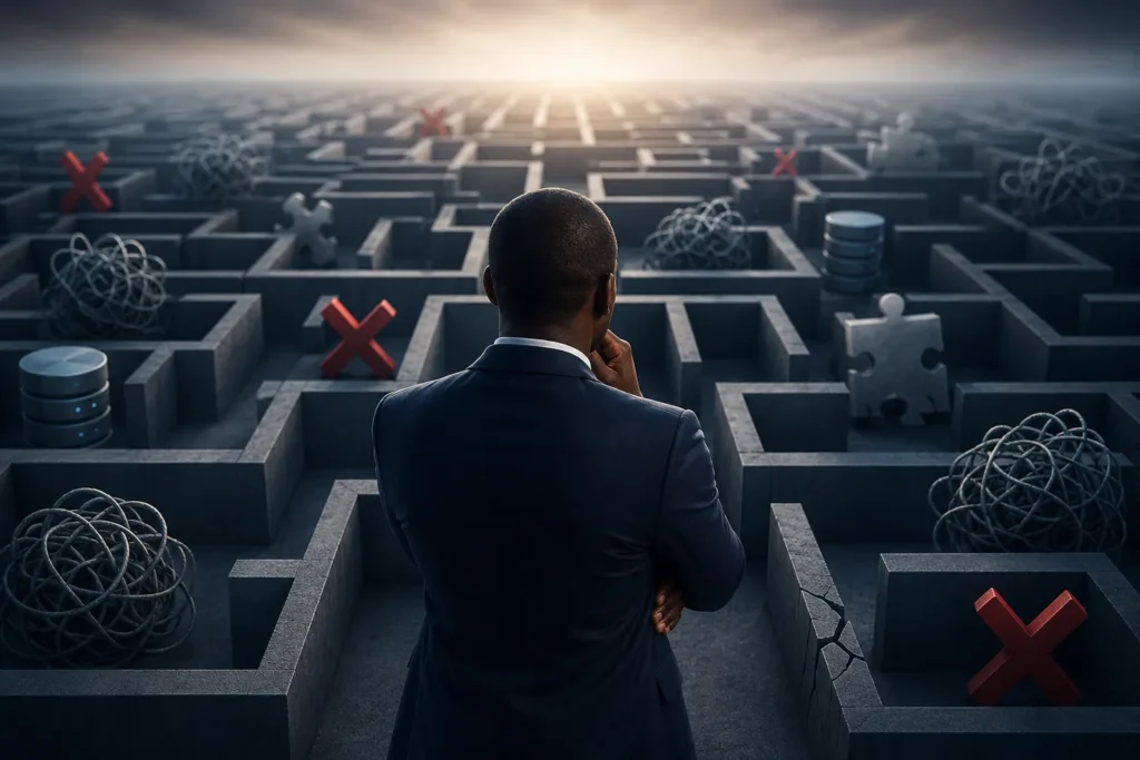 Business leader navigating a complex data strategy maze representing common data leadership mistakes companies make.