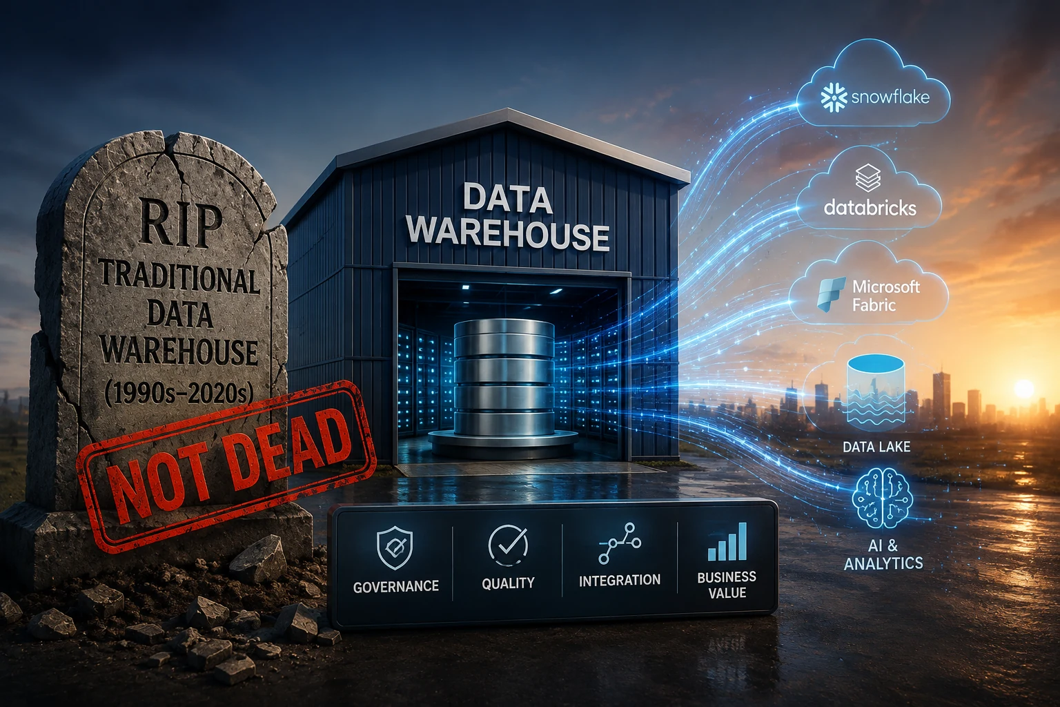 Traditional data warehouse evolving alongside modern cloud data platforms and AI